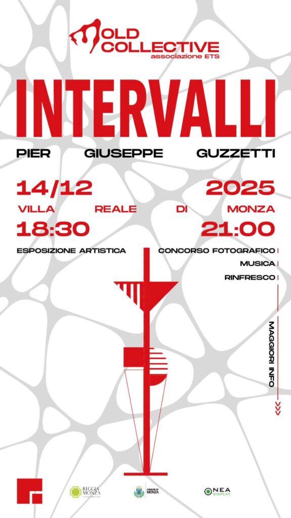 Volantino grafico dell' evento di chiusura della mostra Intervalli con indicazione della data in cui si svolge, il 14/12/2025 dalle 18:30 alle 21:00, presso la Villa Reale di Monza